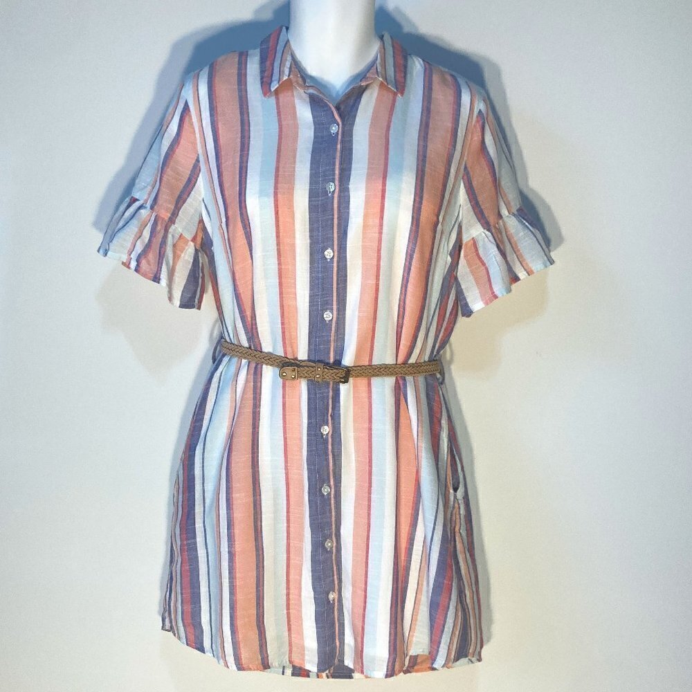 Blue Rain SZ L Striped shirtdress with ruffle sleeve detail